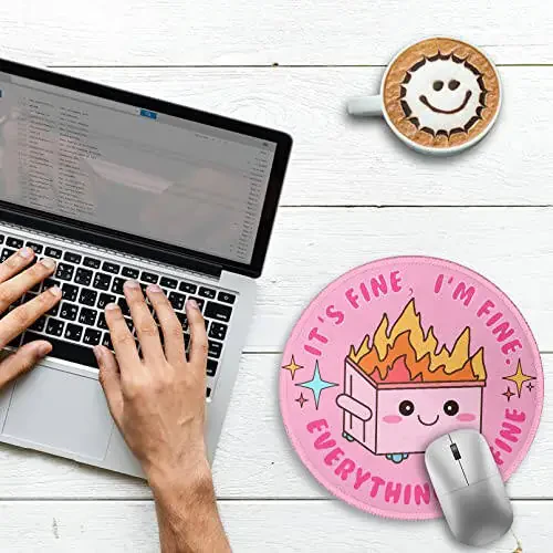 Pink Round Mouse Pad for Desk, Cute Office Decor for Women, Dumpster on Fire Small Mousepad，Stitched Edge Non-Slip Rubber Base, Personalized Computer Mouse Pads for Wireless Mouse，Desk Accessories - 2