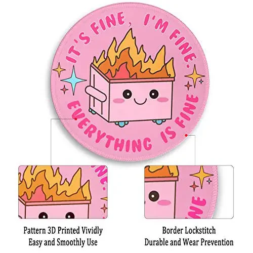 Pink Round Mouse Pad for Desk, Cute Office Decor for Women, Dumpster on Fire Small Mousepad，Stitched Edge Non-Slip Rubber Base, Personalized Computer Mouse Pads for Wireless Mouse，Desk Accessories - 5