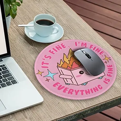 Pink Round Mouse Pad for Desk, Cute Office Decor for Women, Dumpster on Fire Small Mousepad，Stitched Edge Non-Slip Rubber Base, Personalized Computer Mouse Pads for Wireless Mouse，Desk Accessories - 1