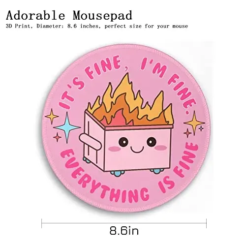 Pink Round Mouse Pad for Desk, Cute Office Decor for Women, Dumpster on Fire Small Mousepad，Stitched Edge Non-Slip Rubber Base, Personalized Computer Mouse Pads for Wireless Mouse，Desk Accessories - 2