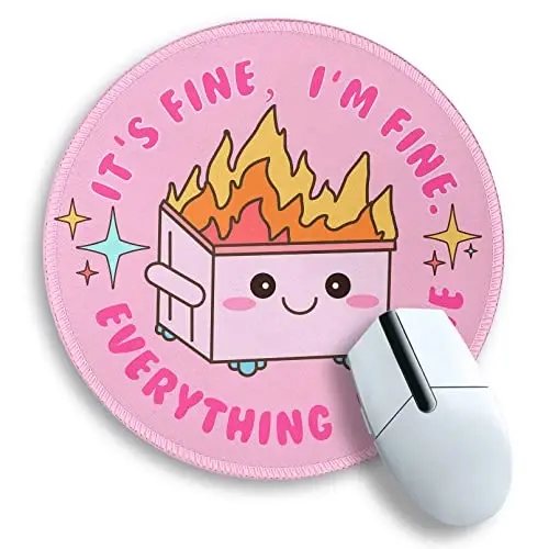 Pink Round Mouse Pad for Desk, Cute Office Decor for Women, Dumpster on Fire Small Mousepad，Stitched Edge Non-Slip Rubber Base, Personalized Computer Mouse Pads for Wireless Mouse，Desk Accessories - 3