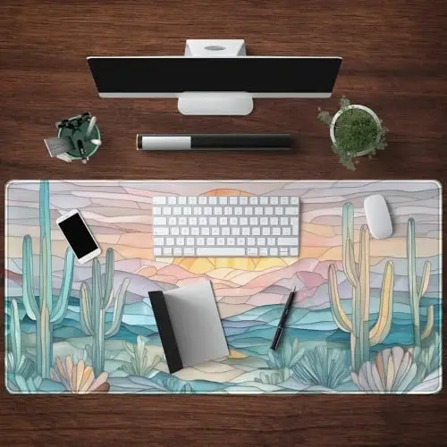 Desk Mat Gaming Abstract Ocean Desk Pad Large Mouse and Keyboard Pad, Faux Stained Glass Sun & Waves Mouse Mat XXL Desk Protector, Computer Mats for Desktop Sun & Waves Office Decor 31.5