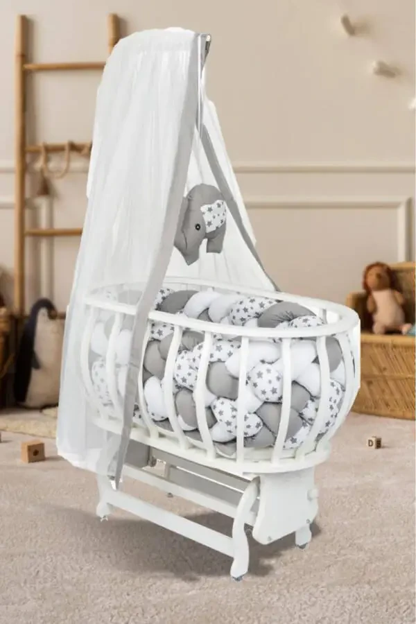 Masal Sepet Beşik Ahşap Beşik Örgülü Uyku Setli Doğal Ahşap Beşik-Gri - 1