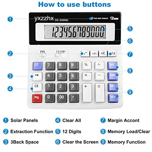 Desk Calculator 12 Digit Extra Large 4.3-Inch LCD Display, Two Way Power Battery and Solar Calculators Desktop, Big Buttons Easy to Press Used as Office Calculators for Desk White - yxzzhx (1)