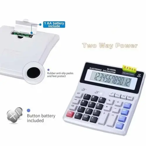 Desk Calculator Large 12 Digit Display, Dual Power Basic Calculator Desktop, Big Button for Office, Business, Home and School (Grey). - 1