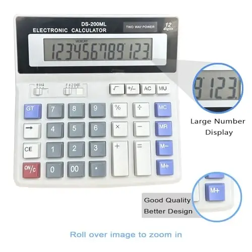 Desk Calculator Large 12 Digit Display, Dual Power Basic Calculator Desktop, Big Button for Office, Business, Home and School (Grey). - 5