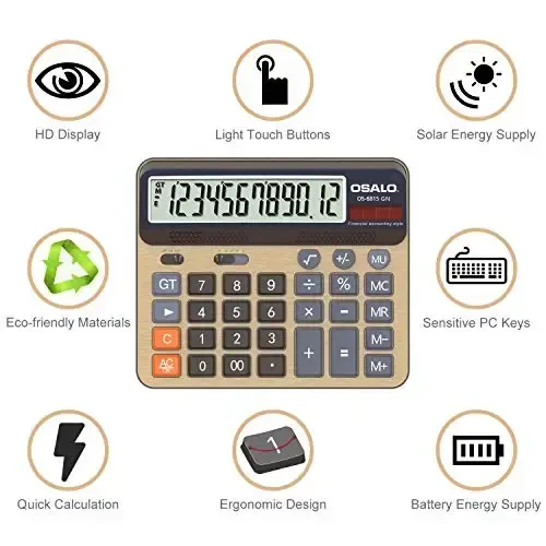 Desktop Calculator Extra Large 5-Inch LCD Display 12-Digit Big Number Accounting Calculator with Giant Response Button, Battery & Solar Powered, Perfect for Office Business Home Daily Use(OS-6815GN) - 4