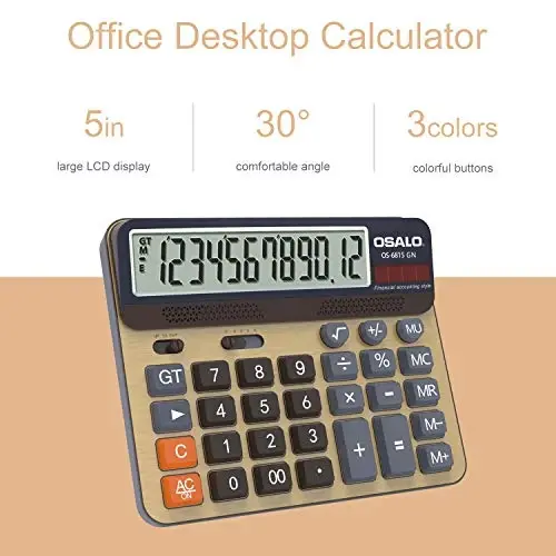 Desktop Calculator Extra Large 5-Inch LCD Display 12-Digit Big Number Accounting Calculator with Giant Response Button, Battery & Solar Powered, Perfect for Office Business Home Daily Use(OS-6815GN) - 3