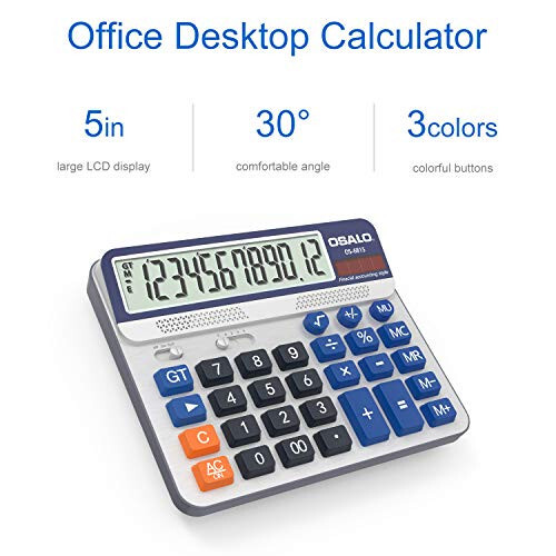 Desktop Calculator Extra Large 5in LCD Display 12-Digit Big Button Giant Accounting Calculator, Battery & Solar Powered, for Office Business & Home(OS-6815) - 2