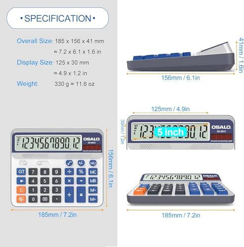 Desktop Calculator Extra Large 5in LCD Display 12-Digit Big Button Giant Accounting Calculator, Battery & Solar Powered, for Office Business & Home(OS-6815) - 4