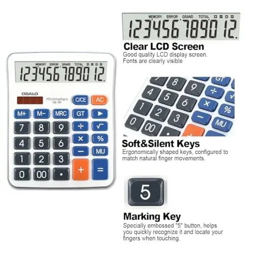 Desktop Calculator Extra Large 5-Inch Clear LCD Display 12-Digit Big Number Button Office Calculator with Auto Sleep Function (OS-5M) - 3