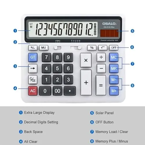 Desktop Calculator Extra Large LCD Display 12-Digit Big Number Accounting Calculator with Giant Response Button, Battery & Solar Powered, Perfect for Office Business Home Daily Use(OS-2135) - 4