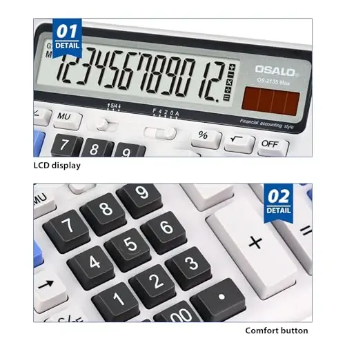 Desktop Calculator Extra Large LCD Display 12-Digit Big Number Accounting Calculator with Giant Response Button, Battery & Solar Powered, Perfect for Office Business Home Daily Use(OS-2135) - 3