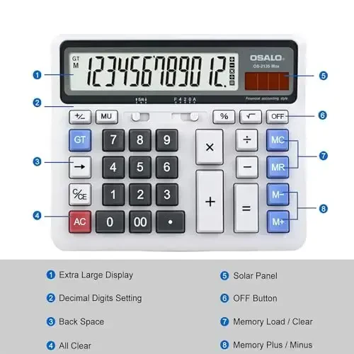 Desktop Calculator, Extra Large LCD Display Computer Button 12 Digits Accounting Calculator (OS-2135 Pro-2Pcs) - 4