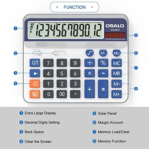 Desktop Calculator Extra Large 5-Inch LCD Display 12-Digit Big Number Accounting Calculator with Giant Response Button, Battery & Solar Powered, Perfect for Office Business Home Daily Use(6815-2pcs) - 4