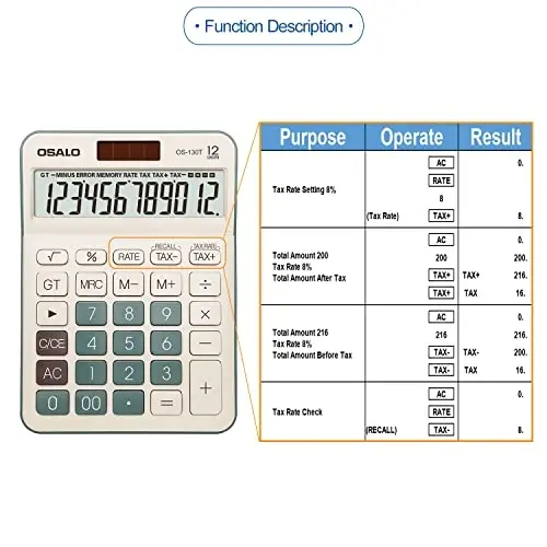 Masaüstü Hesap Makinesi Geniş LCD Ekran 12 Haneli Büyük Tuş Vergi Finans Muhasebe Hesap Makinesi, Pil ve Güneş Enerjisiyle Çalışır, Masa Ofis Ev İş Kullanımı İçin (OS-130T Yeşil) 