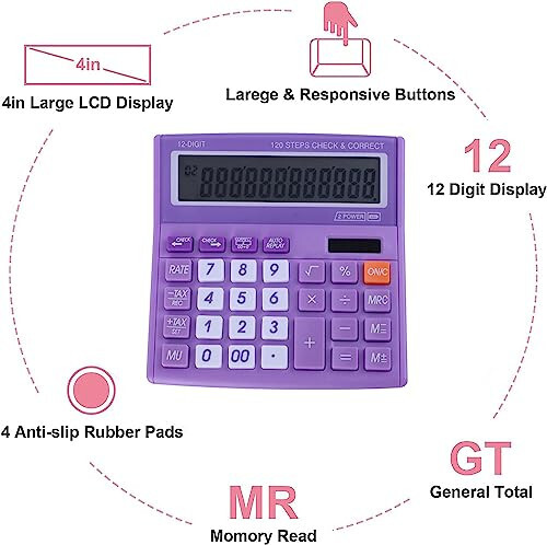 Masaüstü Hesap Makinesi Temel Ofis Masa Hesap Makinesi 12 Haneli Güneş Enerjili ve Kolay Okunabilir LCD Ekran, Büyük Düğmeler, Ev, Ofis, Okul, Ders ve İş için, Pilli - Mor - 3