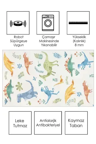 Mashinada yuviladigan, sirpanmaydigan, dog ' tushmaydigan dinozavr temali chaqaloqlar va bolalar gilami o'yin mati-bej - WEST HOME (1)