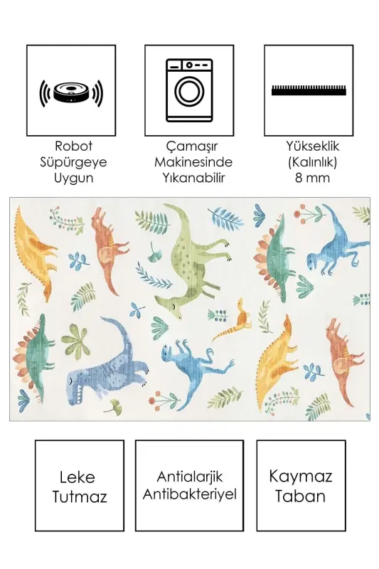 Mashinada yuviladigan, sirpanmaydigan, dog ' tushmaydigan dinozavr temali chaqaloqlar va bolalar gilami o'yin mati-bej - 2