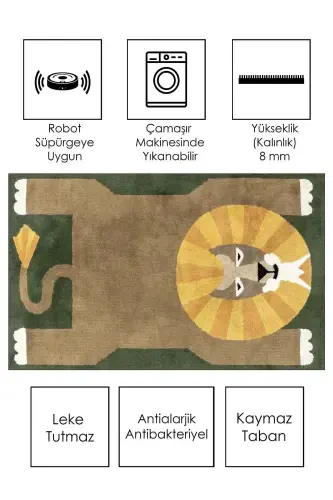 Mashinada yuviladigan, sirpanmaydigan, dog' tushmaydigan, hayvon shaklidagi bolalar va o'smirlar gilami - yashil - 2