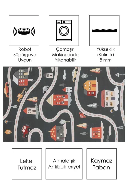 Mashinada yuviladigan sirpanmaydigan taglik dog‘ tushmaydigan yo‘l naqshli gilamcha chaqaloqlar va bolalar gilami o‘yin matosi - qora - 3