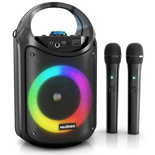 MASINGO Karaoke Machine for Kids and Adults with 2 Wireless Bluetooth Microphones, PA Portable Speaker with Colorful LED Lights, Supports TF Card/USB, AUX/MIC in, TWS for Home Party, Burletta C10 V2 