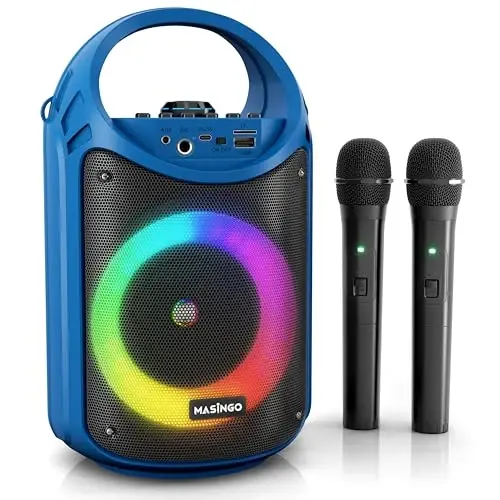 MASINGO Karaoke Machine for Kids and Adults with 2 Wireless Bluetooth Microphones, PA Portable Speaker with Colorful LED Lights, Supports TF Card/USB, AUX/MIC in, TWS for Home Party, Burletta C10 V2 - 1