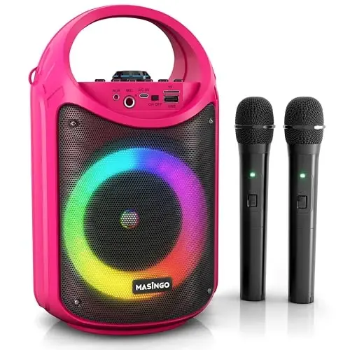 MASINGO Karaoke Machine for Kids and Adults with 2 Wireless Bluetooth Microphones, PA Portable Speaker with Colorful LED Lights, Supports TF Card/USB, AUX/MIC in, TWS for Home Party, Burletta C10 V2 - 1