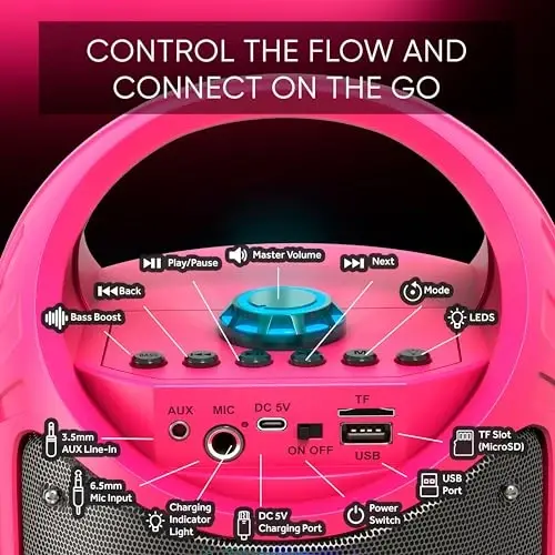 MASINGO Karaoke Machine for Kids and Adults with 2 Wireless Bluetooth Microphones, PA Portable Speaker with Colorful LED Lights, Supports TF Card/USB, AUX/MIC in, TWS for Home Party, Burletta C10 V2 - 6