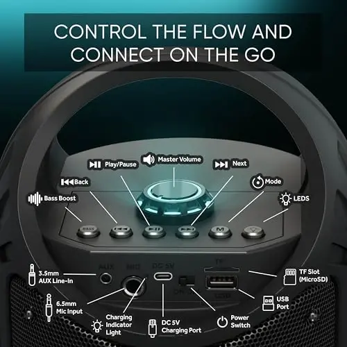 MASINGO Karaoke Mashinasi, 2 Simsiz Bluetooth Mikrofonli Bolalar va Voyaga Karali, Renkli LED Chiroqli Portativ PA Dinamigi, TF Karta/USB, AUX/MIC Kirishini Quvvatlaydi, Uy Partiyalari Uchun TWS, Burletta C10 V2 - 6