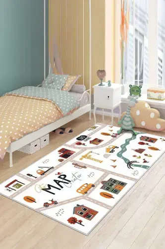 Машинная стирка, нескользящая основа, грязеотталкивающий, обучающий ковер с дорожным рисунком для младенцев и детей, игровой коврик - белый - 1