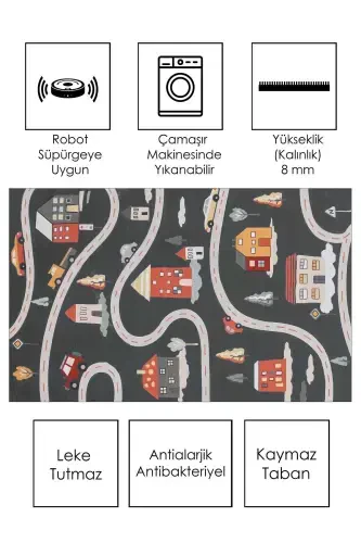 Машинная стирка, нескользящее основание, грязеотталкивающий ковер с дорожным рисунком, детский и игровой коврик - черный - CONFIDENCE HOME (1)