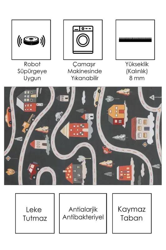 Машинная стирка, нескользящее основание, грязеотталкивающий ковер с дорожным рисунком, детский и игровой коврик - черный - 2