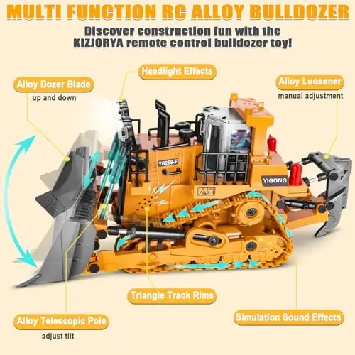Masofadan boshqariladigan buldozer, yoritgichli, ovozli va qayta zaryadlanuvchi akkumulyatorli 9 kanalli metall RC qurilish transport vositasi o'yinchog'i, 4-12 yoshdagi o'g'il-qizlar uchun masofadan boshqariladigan buldozer o'yinchog'i sovg'asi (2,4 GHz) - 2