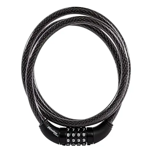 Master Lock Black Set Your Own Combination Bike Lock, Metal Cable Lock has a Weather Resistant Vinyl Coating for Outdoor Durability, 5 Feet Long, 8370D - MASTER LOCK
