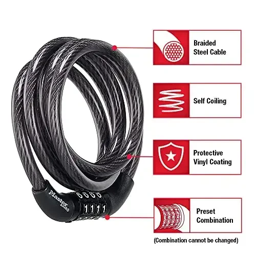 Master Lock Black Set Preset Combination Bike Lock, Metal Cable Lock has a Weather Resistant Vinyl Coating for Outdoor Equipment, Bicycles, 4 Feet Long, Pack of 2, 8143T - 3