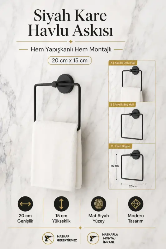 Mat Siyah Eko Kare Havluluk Delmeye Son Ister Yapıştır Ister Montajla - Siyah - 5