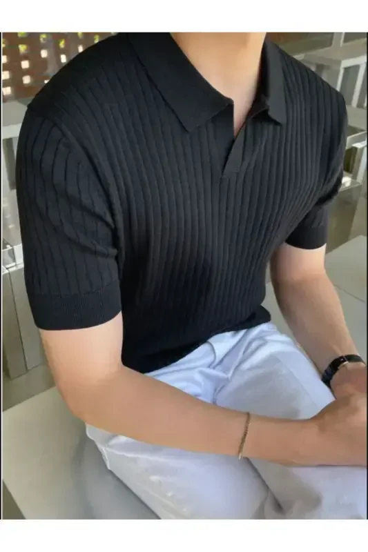 Mat Siyah Erkek Fitilli Polo Yaka Triko T-Shirt-Mat Siyah - 3