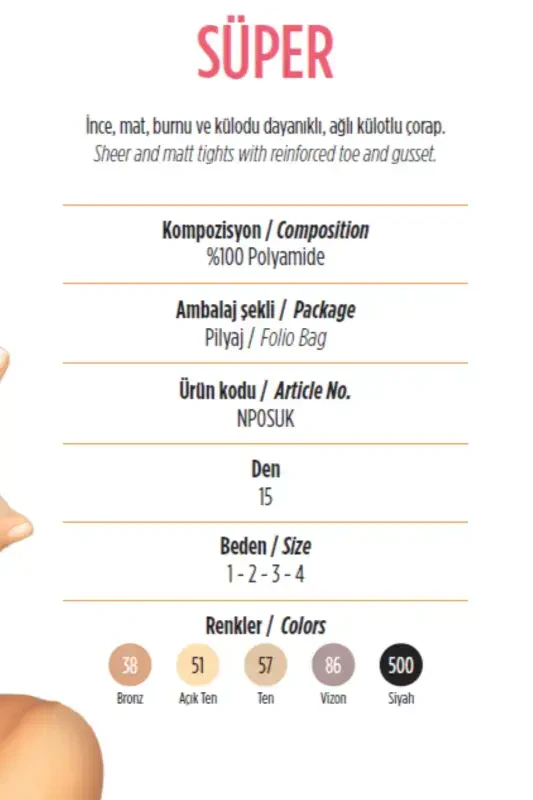 Mat TEN. Renk no: 57. Süper. MAT. 15 Den. İnce, burnu ve külodu dayanıklı, ağlı külotlu çorap.-Mat Ten 57 - 4