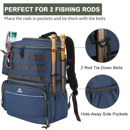 MATEIN Fishing Backpack Tackle Box, Water Resistant Fishing Storage Bag with Rod Holders & Cooler, Fishing Gear Gifts for Men - 4