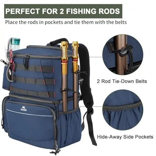 MATEIN Fishing Backpack Tackle Box, Water Resistant Fishing Storage Bag with Rod Holders & Cooler, Fishing Gear Gifts for Men - 4
