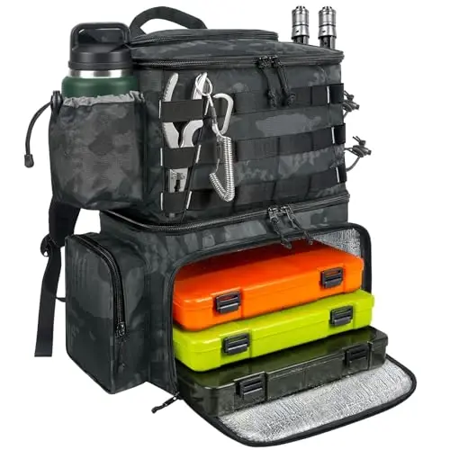 MATEIN Fishing Backpack, Tackle Storage Bag with Rod Holders & Cooler | Water Resistant Fishing Bag Fits 4 3600 Trays, Large Wide Open Tackle Box Backpack, Gifts for Fishermen - 1