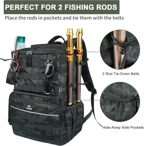 MATEIN Fishing Backpack, Tackle Storage Bag with Rod Holders & Cooler | Water Resistant Fishing Bag Fits 4 3600 Trays, Large Wide Open Tackle Box Backpack, Gifts for Fishermen - 4