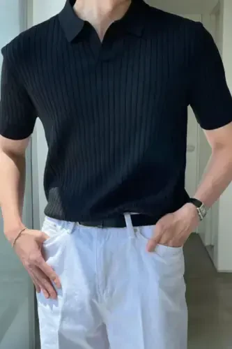 Матовый Черный Мужской Приталенный Вельветовый Трикотажный T-Shirt с Воротником Поло-Матовый Черный - 1