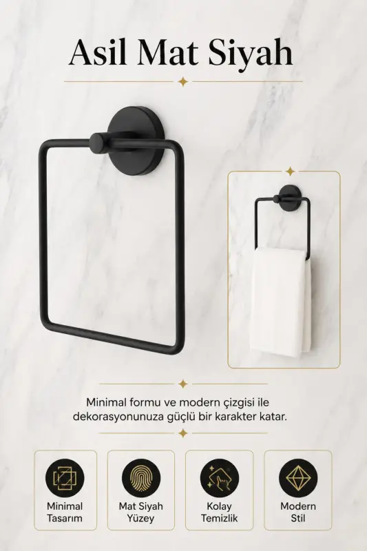 Matte Black Eco Square Towel Holder. No Drilling Required. Adhesive or Mounting Installation. - 7
