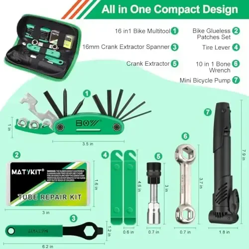 MatyKit Bicycle Tool Kit, 20 in 1 Bike Multitool, Mountain Bike Repair Kit With Bike Bone Wrench, Portable Bicycle Essentials Easy Road Riding Travel Emergency Maintenance (Green Bike Tool Kit) - 2