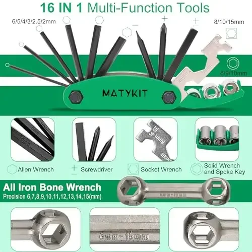 MatyKit Bicycle Tool Kit, 20 in 1 Bike Multitool, Mountain Bike Repair Kit With Bike Bone Wrench, Portable Bicycle Essentials Easy Road Riding Travel Emergency Maintenance (Green Bike Tool Kit) - 3