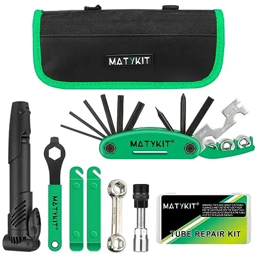 MatyKit Velosiped Asboblari To'plami, 20 in 1 Velosiped Multituli, Velosiped Suyak Kaliti bilan Tog' Velosipedini Ta'mirlash To'plami, Portativ Velosiped Essentials Easy Road Riding Travel Favqulodda Ta'minot (Yashil Velosiped Asboblari To'plami) - 1