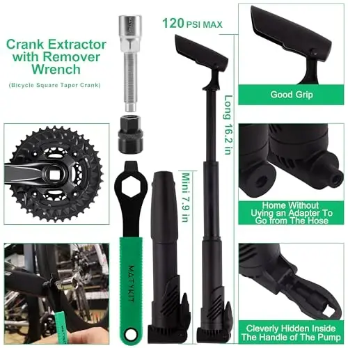 MatyKit Velosiped Asboblari To'plami, 20 in 1 Velosiped Multituli, Velosiped Suyak Kaliti bilan Tog' Velosipedini Ta'mirlash To'plami, Portativ Velosiped Essentials Easy Road Riding Travel Favqulodda Ta'minot (Yashil Velosiped Asboblari To'plami) - 5