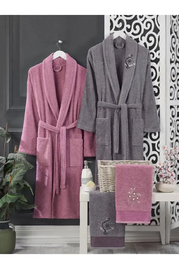 Mauve Anthracite Terry Bathrobe Set 4-piece - 1